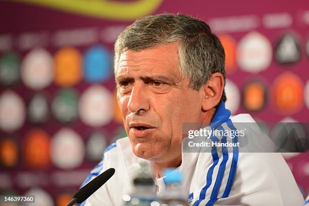 In this handout image provided by UEFA, Greece coach Fernando Santos talks to the media during a UEFA EURO 2012 press conference at the National...