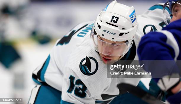 Nick Bonino of the San Jose Sharks faces off in the third period during a game against the Tampa Bay Lightning at Amalie Arena on February 07, 2023...