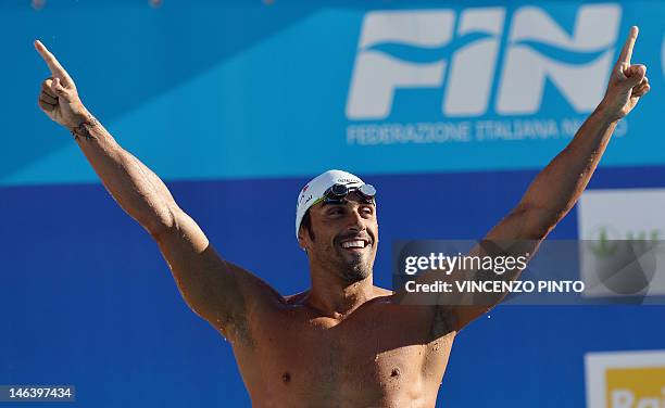 Italy's Filippo Magnini celebrates after winning of the Men's 200 metres Freestyle final swimming event of the Settecolli Trophy at Rome's Foro...