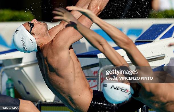 French swimmer Camille Lacourt competes in the men's 100-metre backstroke final at the Settecolli Trophy on June 15, 2012 at Rome's Foro Italico. AFP...