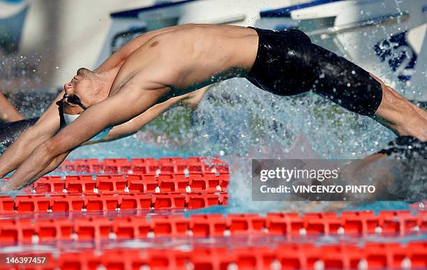 French swimmer Camille Lacourt competes in the men's 100-metre backstroke final at the Settecolli Trophy on June 15, 2012 at Rome's Foro Italico. AFP...