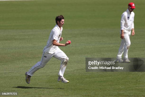 Jarrod McKay of the New Zealand XI bowls during day one of the Tour match between New Zealand XI and England at Seddon Park on February 08, 2023 in...