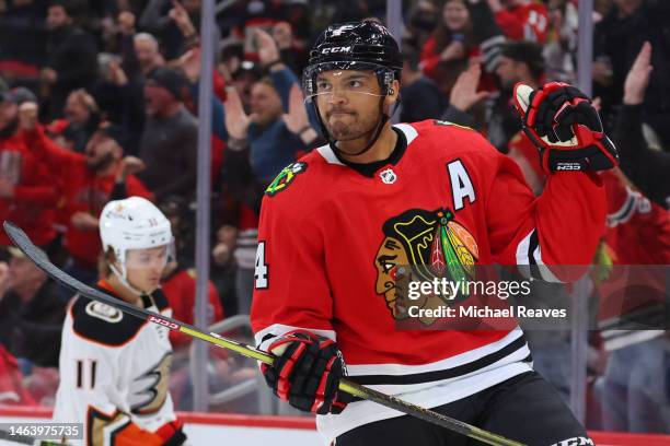 Seth Jones of the Chicago Blackhawks celebrates after scoring a goal against the Anaheim Ducks during the second period at United Center on February...