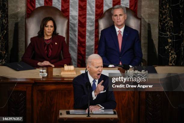 President Joe Biden delivers his State of the Union address during a joint meeting of Congress in the House Chamber of the U.S. Capitol on February...