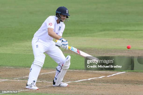 Joe Root of England plays a shot during day one of the Tour match between New Zealand XI and England at Seddon Park on February 08, 2023 in Hamilton,...