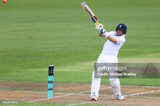 Joe Root of England plays a shot during day one of the Tour match between New Zealand XI and England at Seddon Park on February 08, 2023 in Hamilton,...