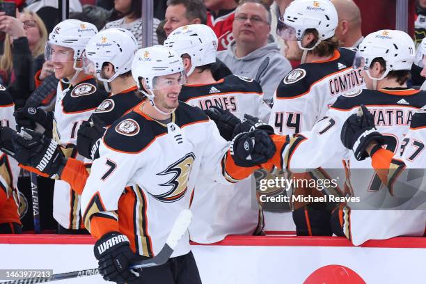 Jayson Megna of the Anaheim Ducks high fives teammates after scoring a goal against the Chicago Blackhawks during the second period at United Center...