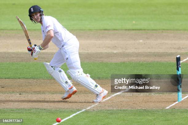 Harry Brook of England plays a shot during day one of the Tour match between New Zealand XI and England at Seddon Park on February 08, 2023 in...