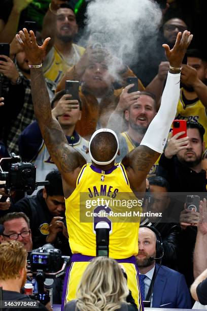 LeBron James of the Los Angeles Lakers prepares to take the court for a game against the Oklahoma City Thunder at Crypto.com Arena on February 07,...
