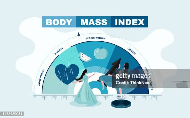 girl maintains figure through diet and sports. arrow on bmi calculator shows good level - body mass index chart stock illustrations
