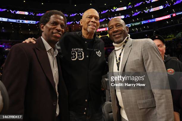 Former players A.C. Green, Kareem Abdul-Jabar and James Worthy in attendance for a game between the Los Angeles Lakers and the Oklahoma City Thunder...