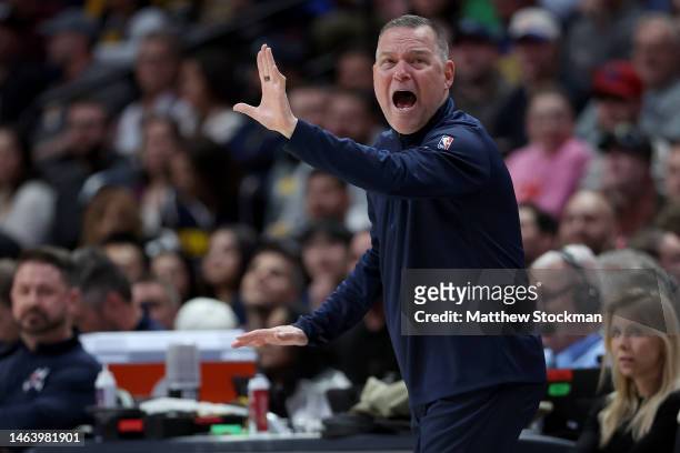 Head coach Michael Malone of the Denver Nuggets directs his team against the Minnesota Timberwolves in the second quarter at Ball Arena on February...