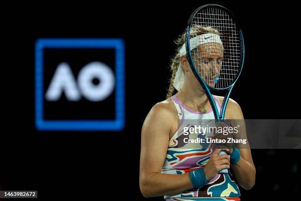 Victoria Azarenka reacts in the Semifinal singles match against Elena Rybakina of Kazakhstan during day 11 of the 2023 Australian Open at Melbourne...