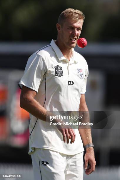 Kyle Jamieson of the New Zealand XI looks on during day one of the Tour match between New Zealand XI and England at Seddon Park on February 08, 2023...