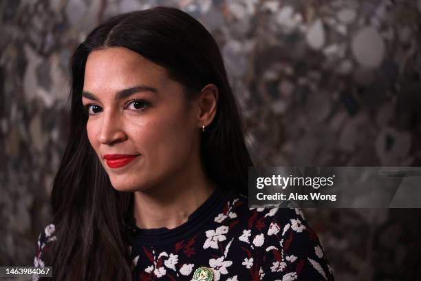 Rep. Alexandria Ocasio-Cortez participates in a TV interview at the Statuary Hall of the U.S. Capitol prior to President Joe Biden’s State of the...