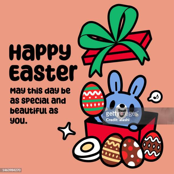 a cute easter bunny opening a gift box and showing easter eggs - cute easter bunny stock illustrations