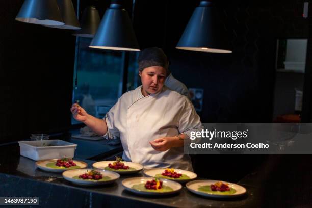 mujer chef armando platos - cena gala fotografías e imágenes de stock