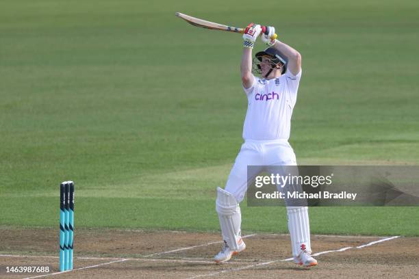 Harry Brook of England plays a shot during day one of the Tour match between New Zealand XI and England at Seddon Park on February 08, 2023 in...