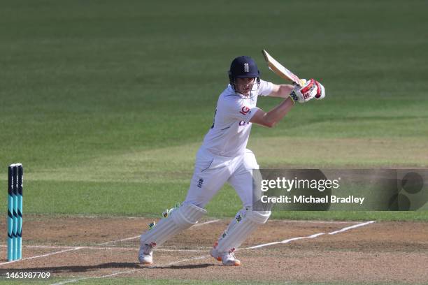 Harry Brook of England plays a shot during day one of the Tour match between New Zealand XI and England at Seddon Park on February 08, 2023 in...