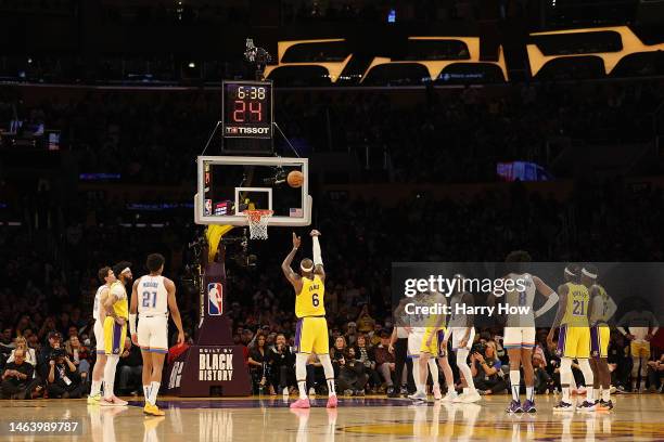 LeBron James of the Los Angeles Lakers shoots a free throw in the first half against the Oklahoma City Thunder at Crypto.com Arena on February 07,...