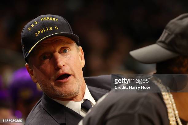 Woody Harrelson attends the game between the Los Angeles Lakers and the Oklahoma City Thunder at Crypto.com Arena on February 07, 2023 in Los...