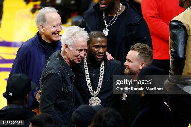 John McEnroe and Floyd Mayweather attend the game between the Los Angeles Lakers and the Oklahoma City Thunder at Crypto.com Arena on February 07,...