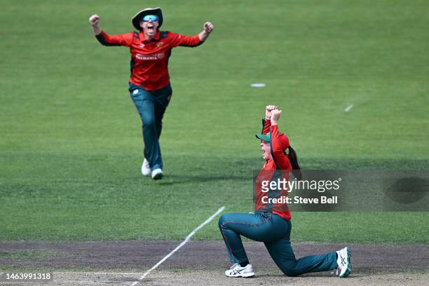 Maisy Gibson of the Tigers celebrates the wicket of Josie Dooley of the Scorpions during the WNCL match between Tasmania and South Australia at...