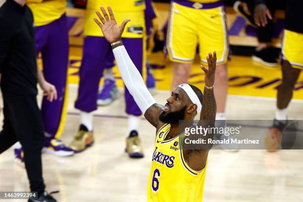 LeBron James of the Los Angeles Lakers scores to pass Kareem Abdul-Jabbar to become the NBA's all-time leading scorer, surpassing Abdul-Jabbar's...