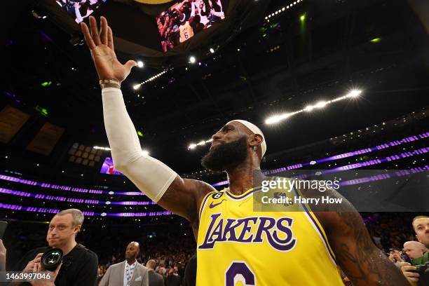 LeBron James of the Los Angeles Lakers reacts after scoring to pass Kareem Abdul-Jabbar to become the NBA's all-time leading scorer, surpassing...