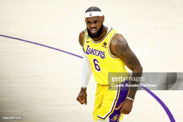 LeBron James of the Los Angeles Lakers reacts after a basket in the third quarter against the Oklahoma City Thunder at Crypto.com Arena on February...