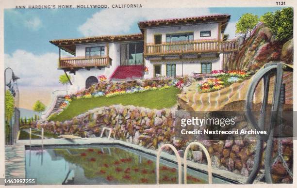 Vintage souvenir postcard published circa 1937 from the Homes of the Stars series, depicting mansions and grand estates of Hollywood celebrities in...