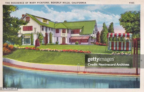 Vintage souvenir postcard published circa 1937 from the Homes of the Stars series, depicting mansions and grand estates of Hollywood celebrities in...