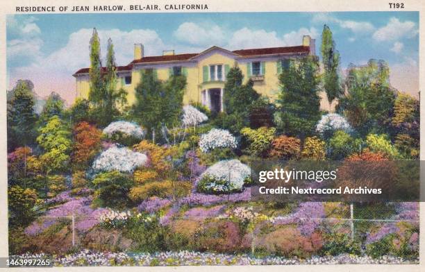 Vintage souvenir postcard published circa 1936 from the Homes of the Stars series, depicting mansions and grand estates of Hollywood celebrities in...