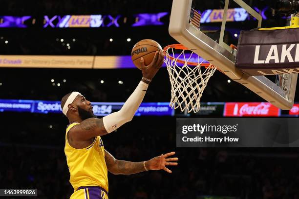 LeBron James of the Los Angeles Lakers drives to the basket during the second half of a game against the Oklahoma City Thunder at Crypto.com Arena on...