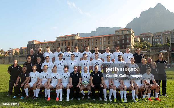 Members of the England U-20 team and management pose Phil Riley, Gary Edwards, Kyle Sinckler, Marland Yarde, Alec Hepburn, Jack Clifford, Tommy Bell,...