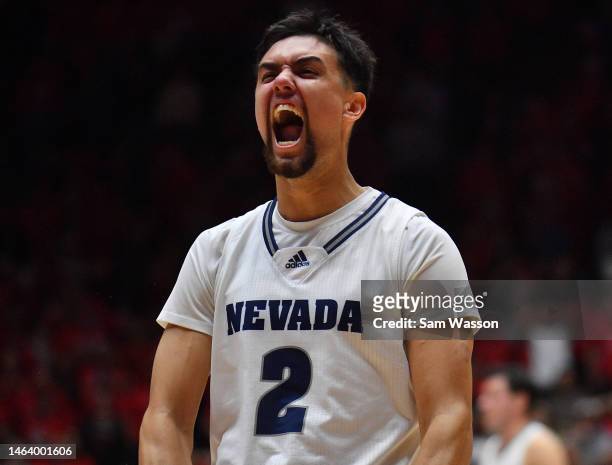 Jarod Lucas of the Nevada Wolf Pack celebrates on the court after teammate Kenan Blackshear hit the game-winning basket with 0.1 seconds left in...