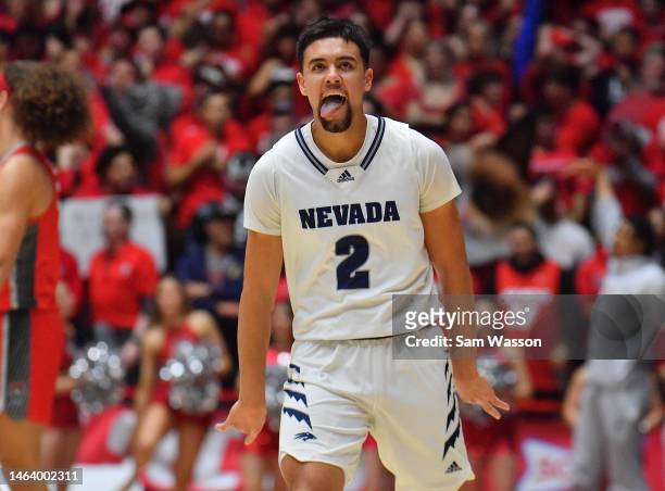 Jarod Lucas of the Nevada Wolf Pack reacts after hitting a 3-pointer against the New Mexico Lobos during the second half of their game at The Pit on...