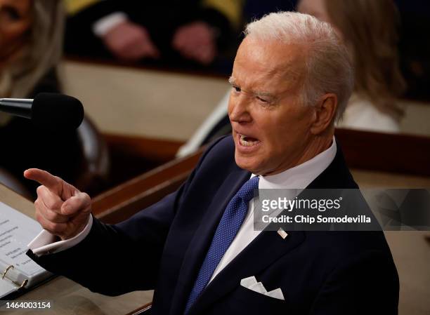 President Joe Biden delivers his State of the Union address during a joint meeting of Congress in the House Chamber of the U.S. Capitol on February...