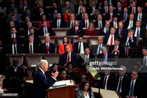 President Joe Biden delivers his State of the Union address during a joint meeting of Congress in the House Chamber of the U.S. Capitol on February...