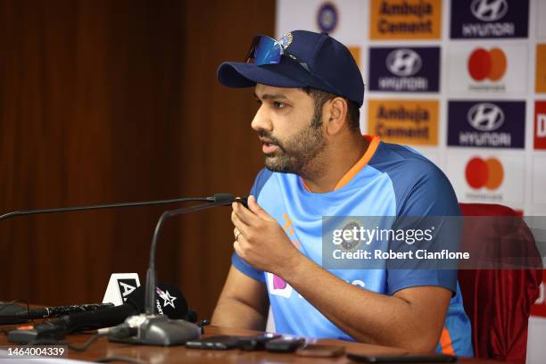 Rohit Sharma of India speaks to the media during a India press conference at Vidarbha Cricket Association Ground on February 08, 2023 in Nagpur,...