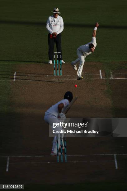 Sean Davey of the New Zealand XI bowls during day one of the Tour match between New Zealand XI and England at Seddon Park on February 08, 2023 in...