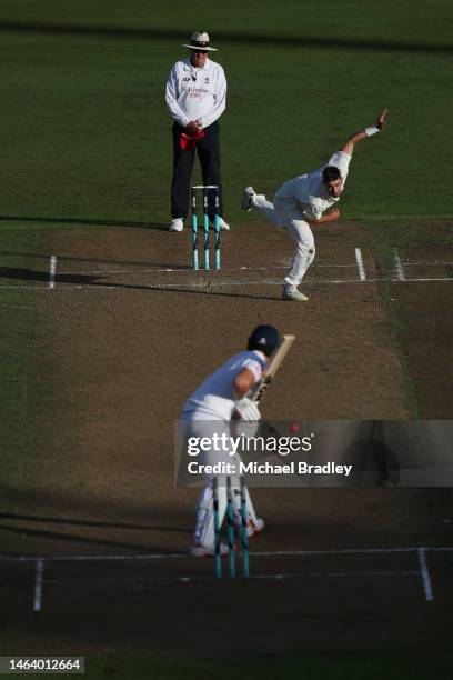Sean Davey of the New Zealand XI bowls during day one of the Tour match between New Zealand XI and England at Seddon Park on February 08, 2023 in...