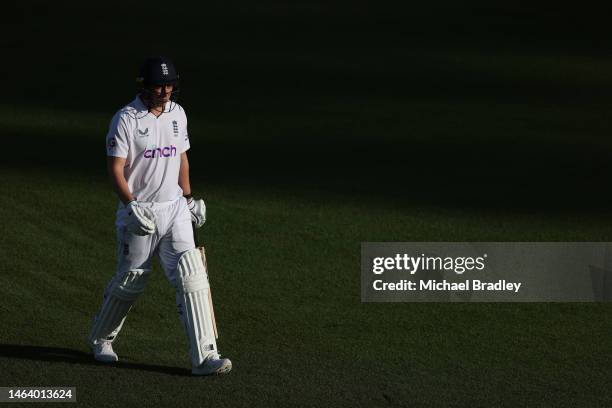 Dan Lawrence of England is dismissed during day one of the Tour match between New Zealand XI and England at Seddon Park on February 08, 2023 in...