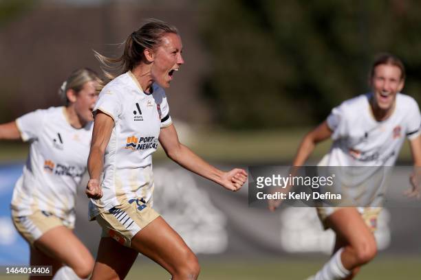 Taren King of the Jets celebrates scoring a goal during the round seven A-League Women's match between Western United and Newcastle Jets at Morshead...