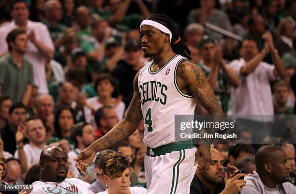 Marquis Daniels of the Boston Celtics walks back towards the bench against the Miami Heat in Game Three of the Eastern Conference Finals in the 2012...