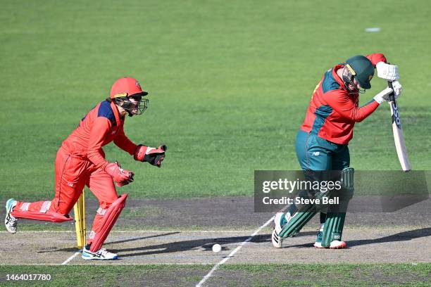 Josie Dooley of the Scorpions celebrates the wicket of Lizelle Lee of the Tigers during the WNCL match between Tasmania and South Australia at...