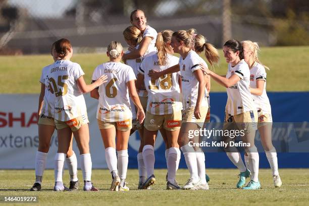 Jets celebrate the goal scored by Ashlee Brodigan and assisted by Emily Garnier during the round seven A-League Women's match between Western United...