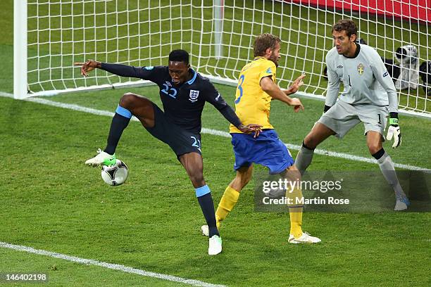 Danny Welbeck of England scores their third goal past Andreas Isaksson of Sweden during the UEFA EURO 2012 group D match between Sweden and England...