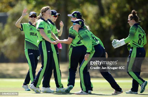 Orla Prendergast of Ireland celebrates the wicket of Beth Mooney of Australia during a warm-up match between Ireland and Australia prior to the ICC...