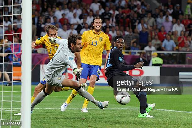 Danny Welbeck of England scores their third goal past Andreas Isaksson of Sweden during the UEFA EURO 2012 group D match between Sweden and England...
